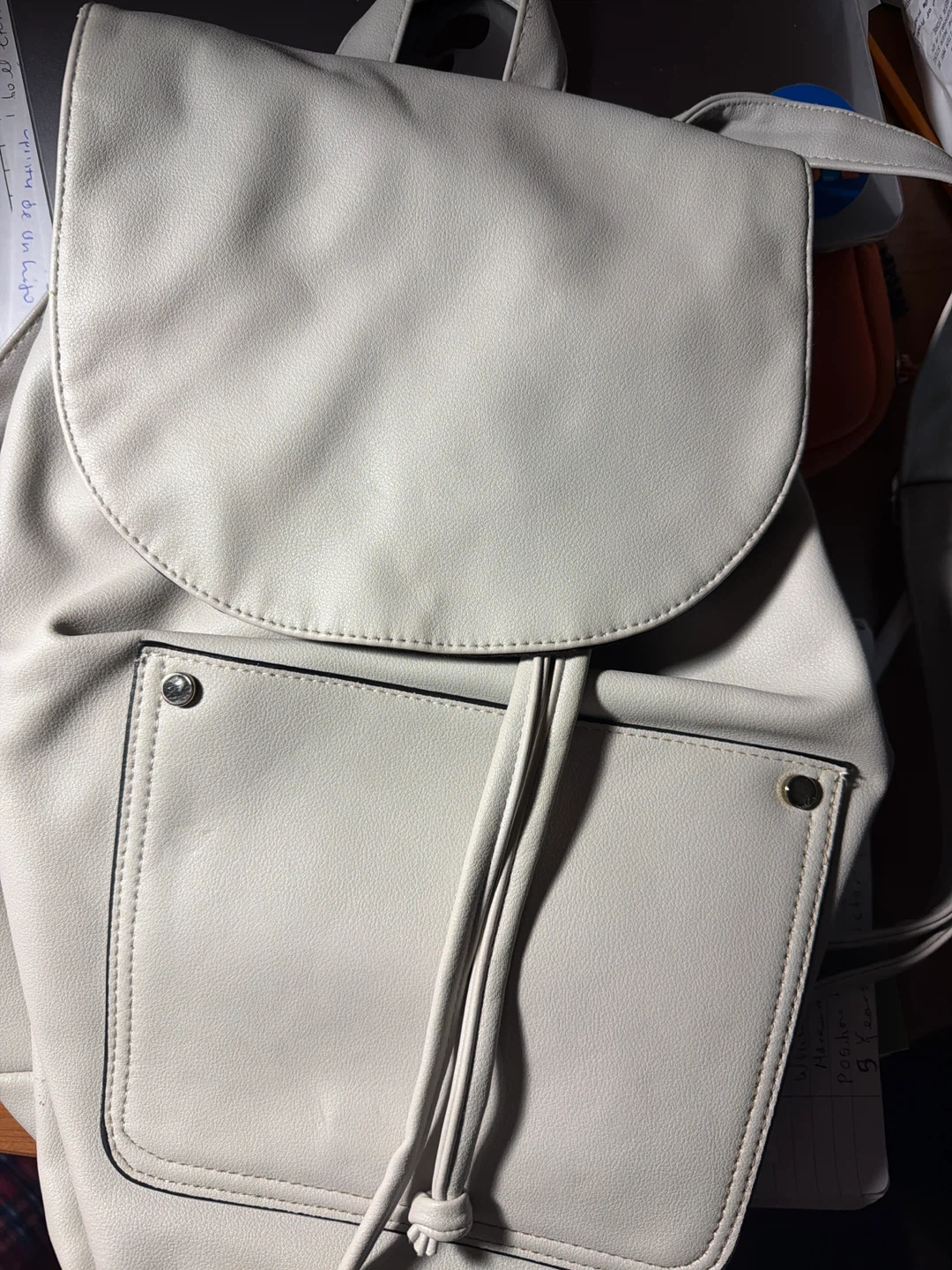 Cream Faux Leather Drawstring Backpack
