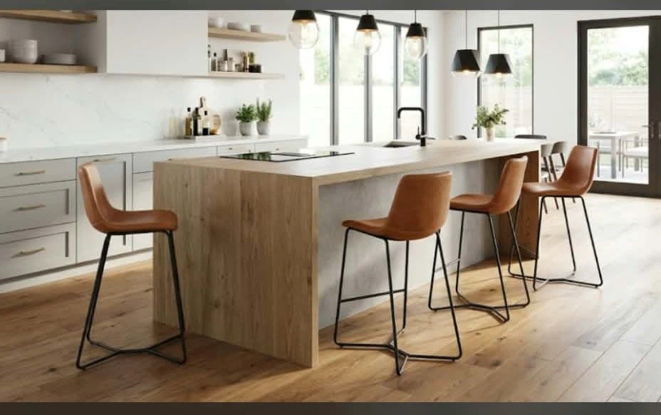 Valued $600 4 Modern Tan Faux Leather Bar Stools NEW IN BOX