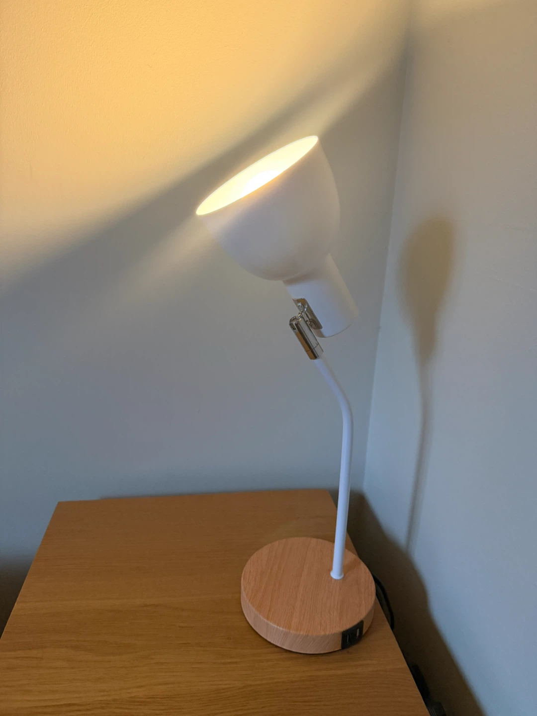 White and Wood Desk Lamp with USB Port