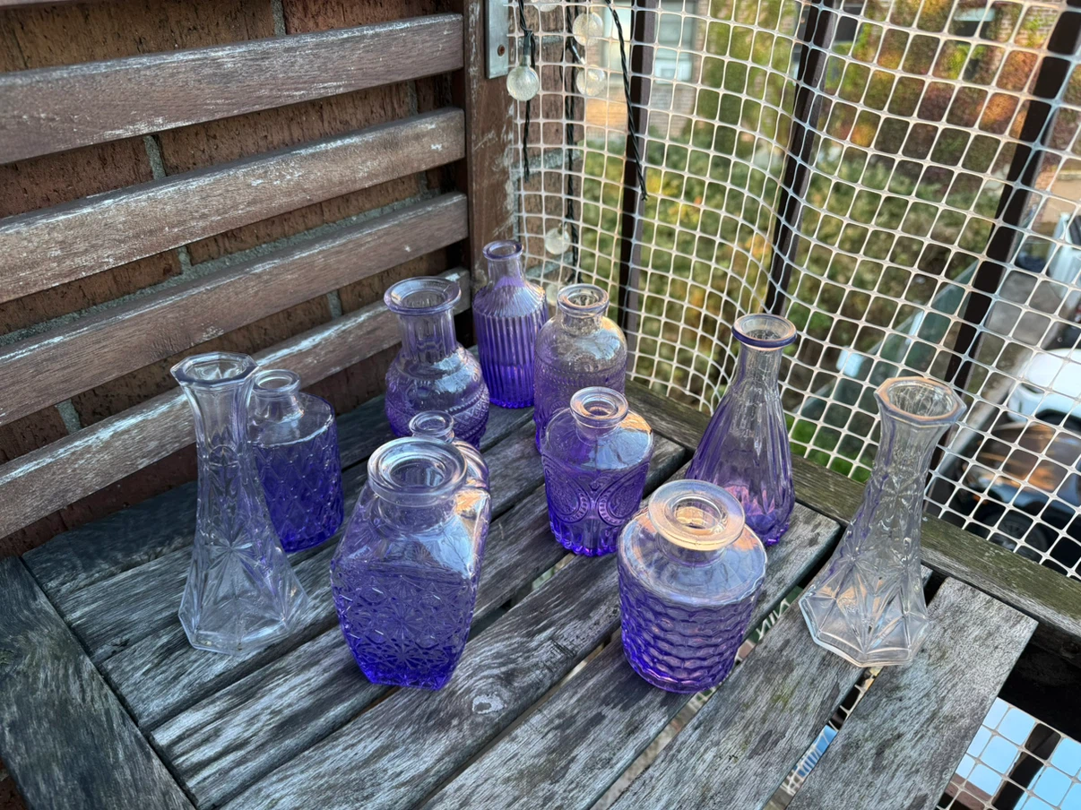 Set of 11 Decorative Purple Glass & Clear Bud Vases