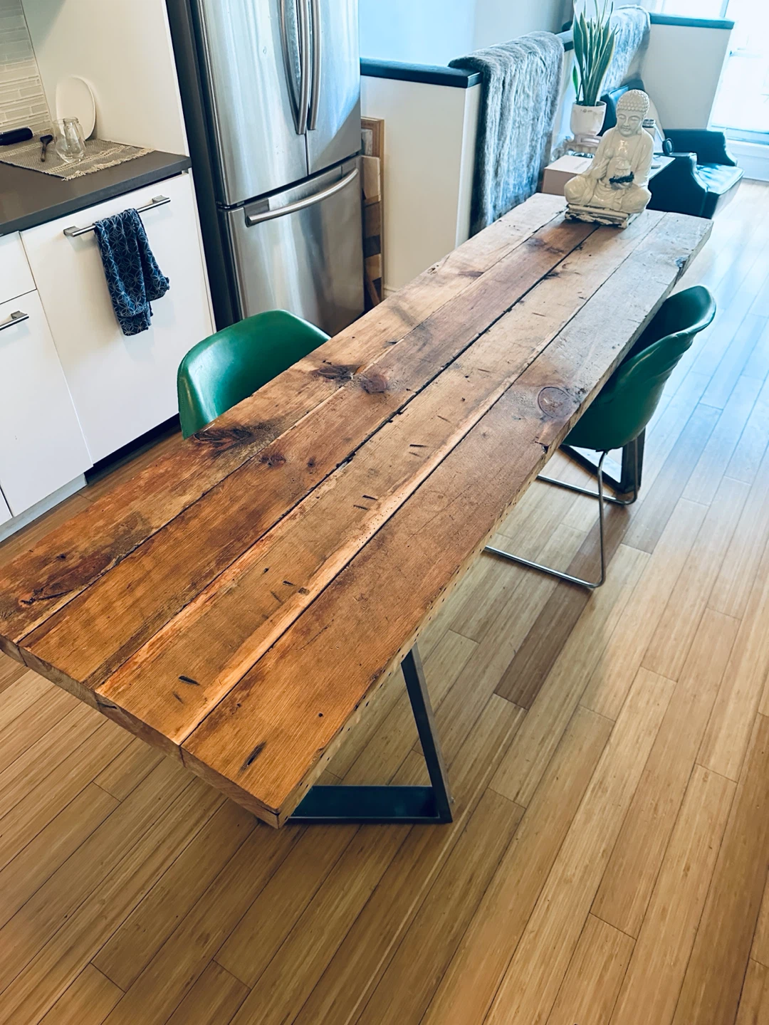LONG VINTAGE RECLAIMED WOOD STEEL DINING TABLE / OFFICE DESK