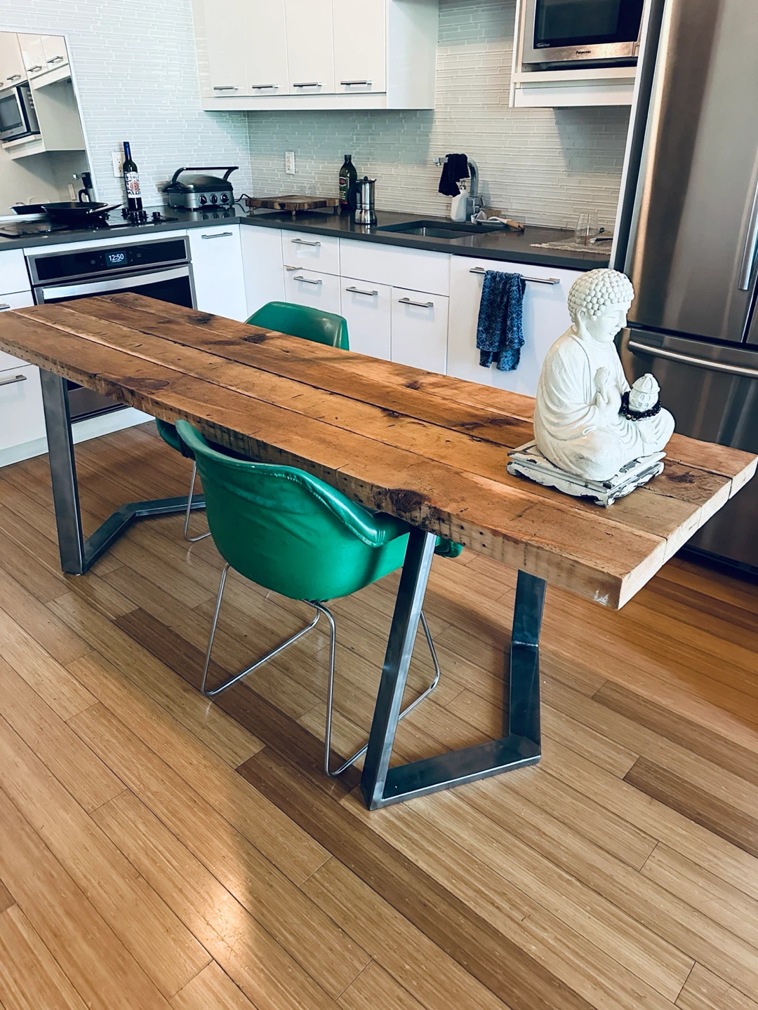 LONG VINTAGE RECLAIMED WOOD STEEL DINING TABLE / OFFICE DESK - photo 2