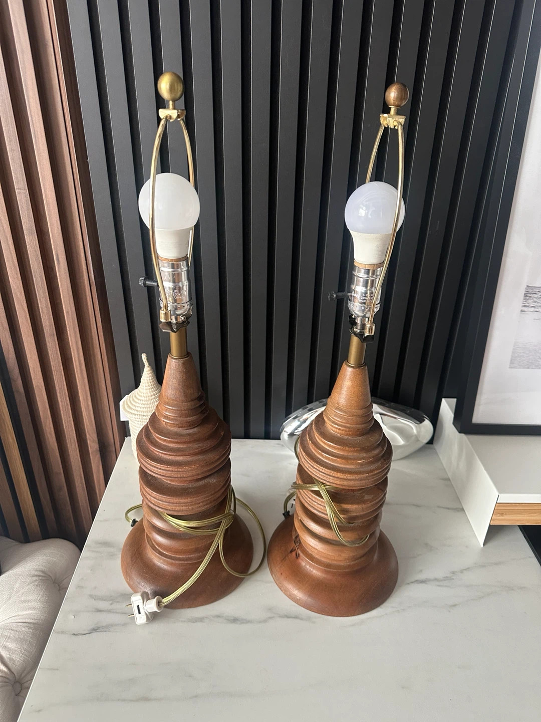 2 VINTAGE MCM BOHO CHIC STYLE TABLE LAMPS WOOD LIGHT