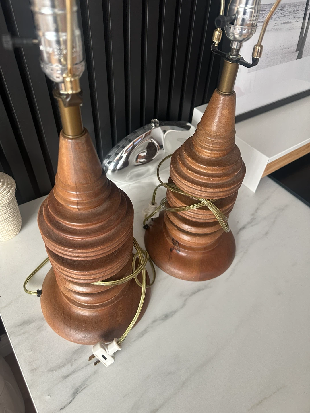 2 VINTAGE MCM BOHO CHIC STYLE TABLE LAMPS WOOD LIGHT - photo 2