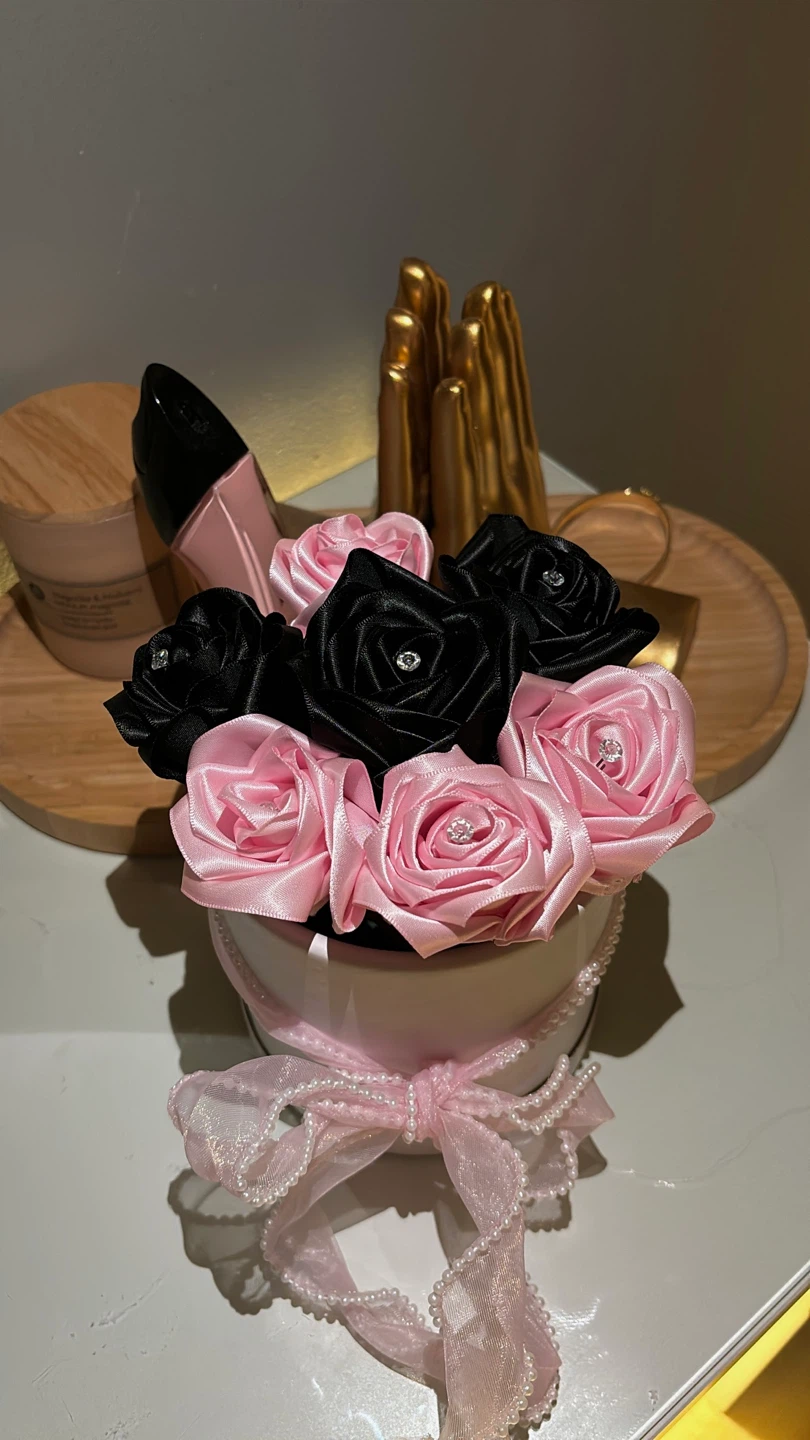 Artificial Pink and Black Rose Arrangement in Gift Box