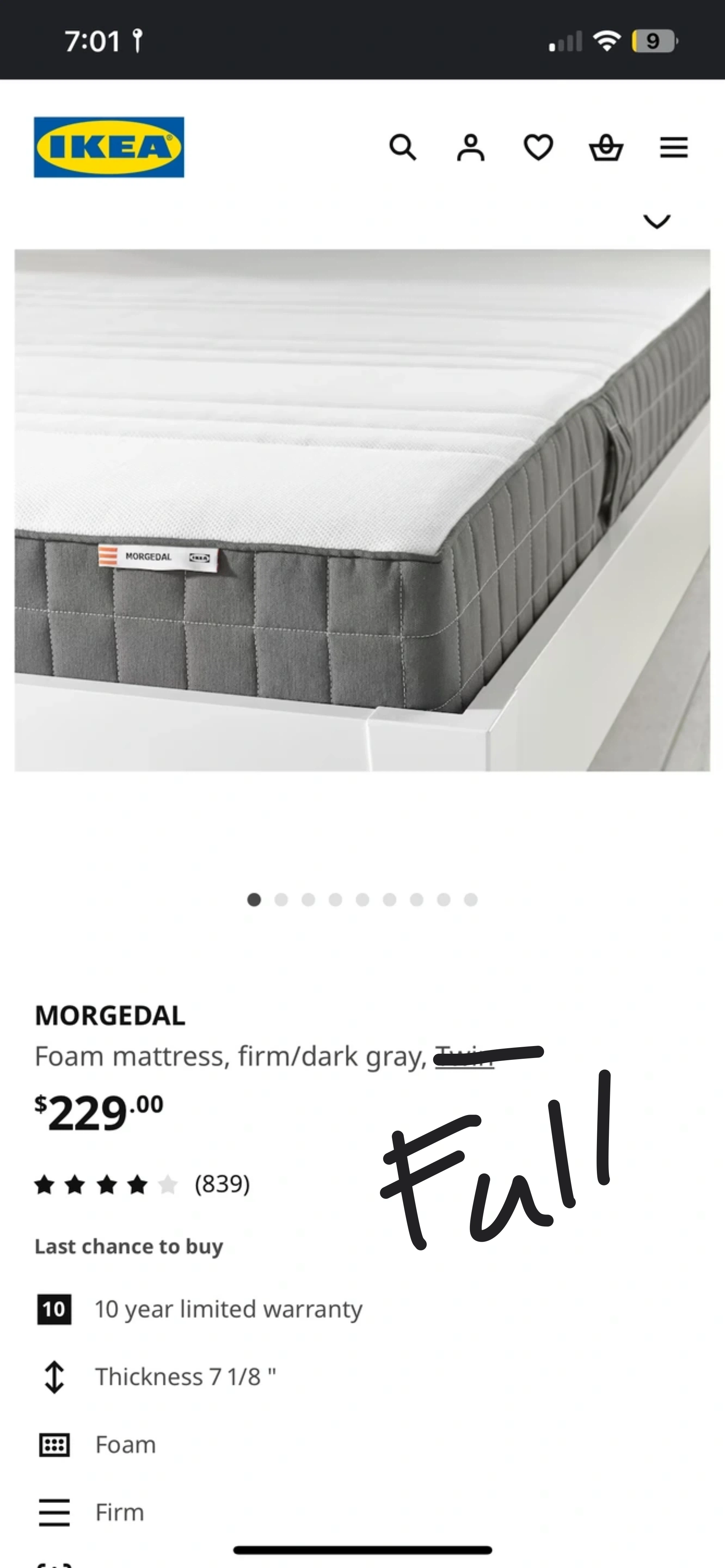 NEEDS TO GO ASAP!! IKEA Morgedal Foam Mattress - Full