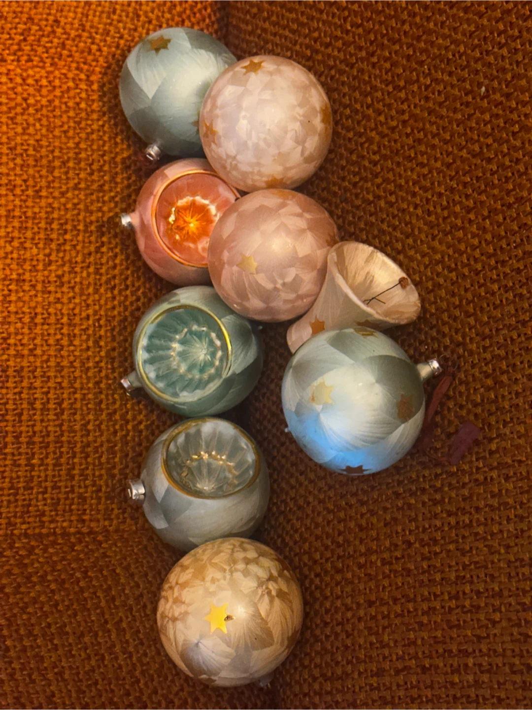 Set of 9  rare Vintage Crystallized Glass Pastel Tree Ornaments