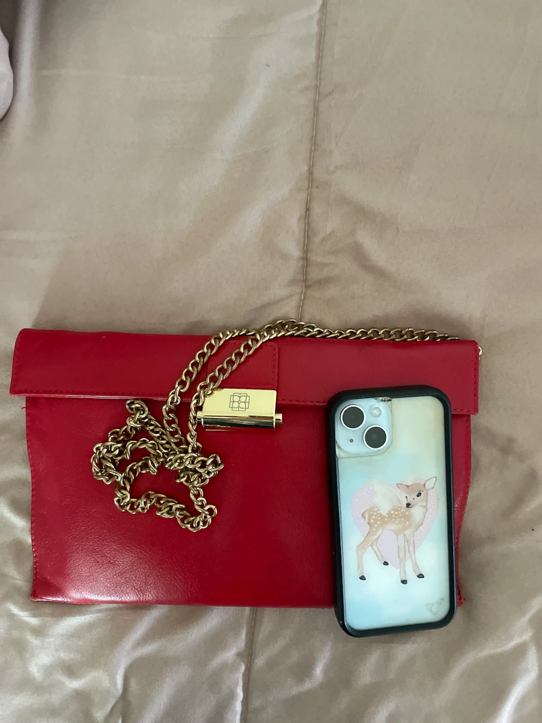 Red Leather Clutch with Gold Chain