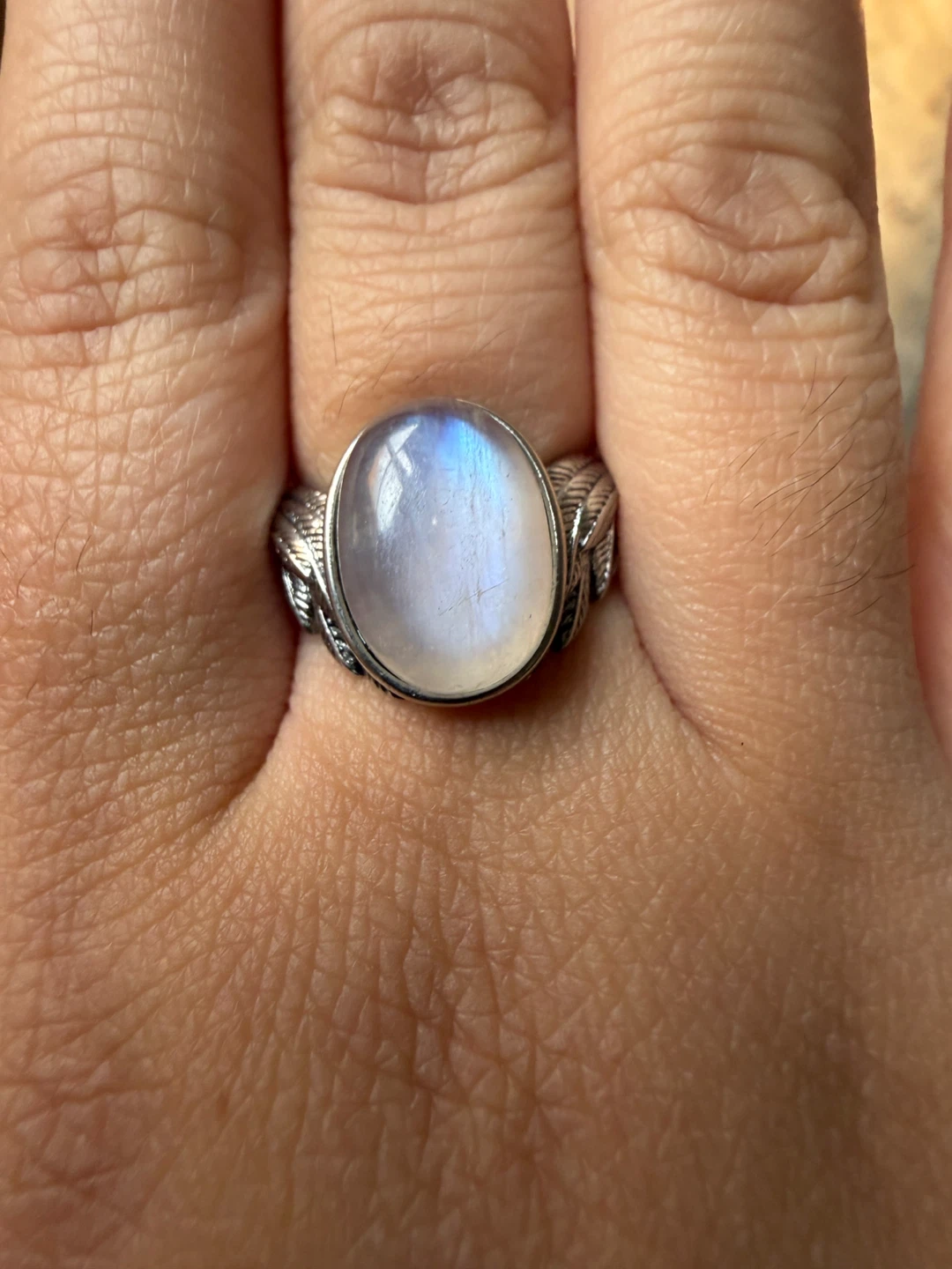 Oval Moonstone Ring with Feather Detail