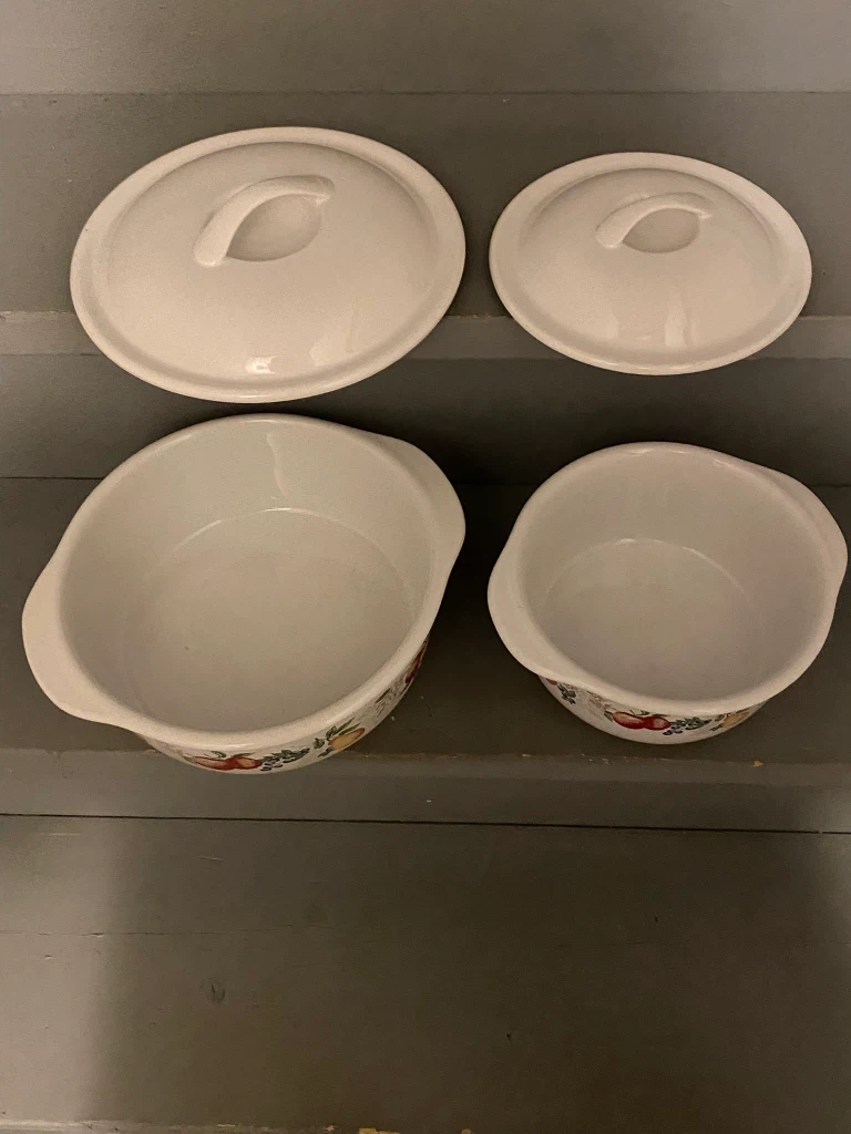 Two Vintage Fruit Pattern Casserole Dishes with Lids