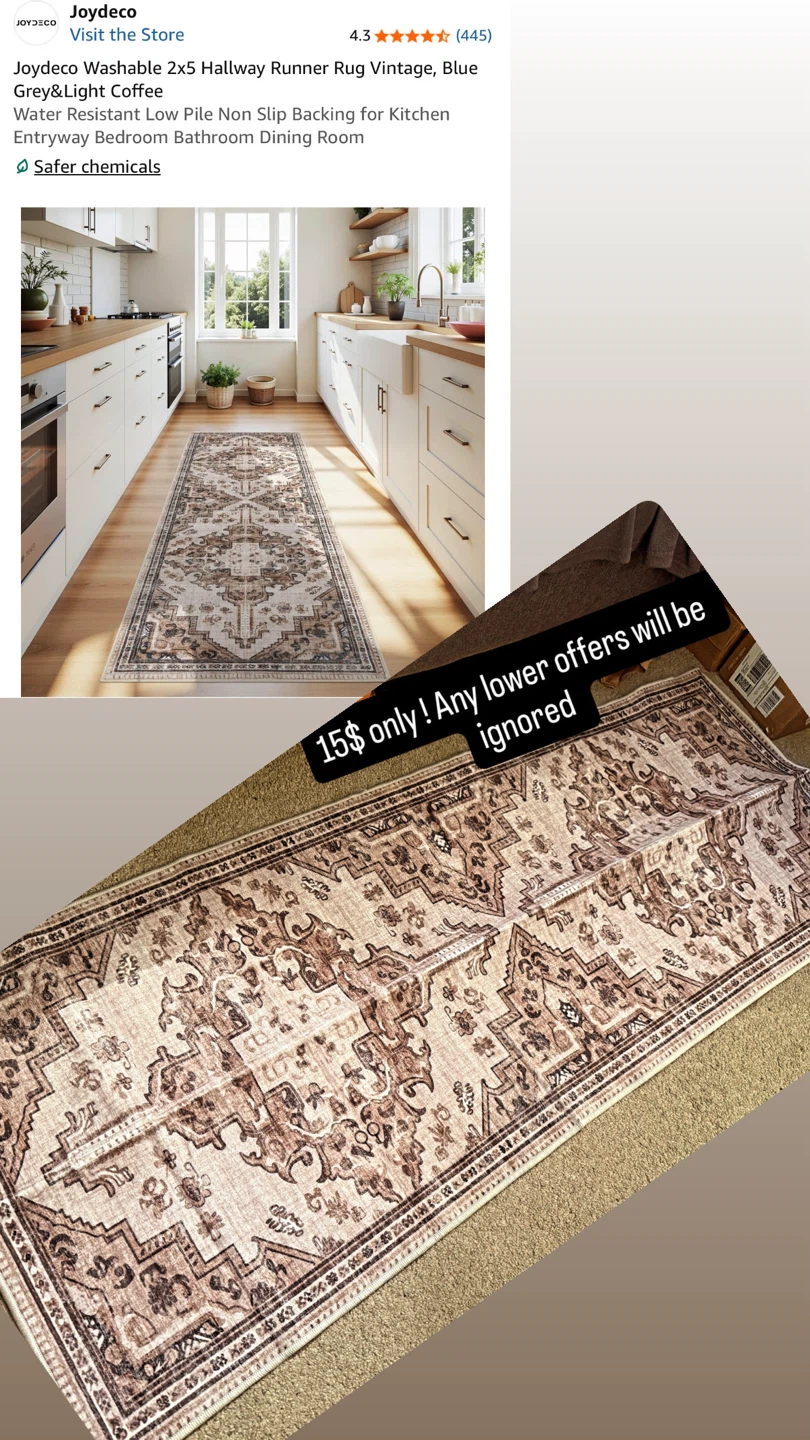 Washable Runner Rug Vintage Blue Grey & Light Coffee
