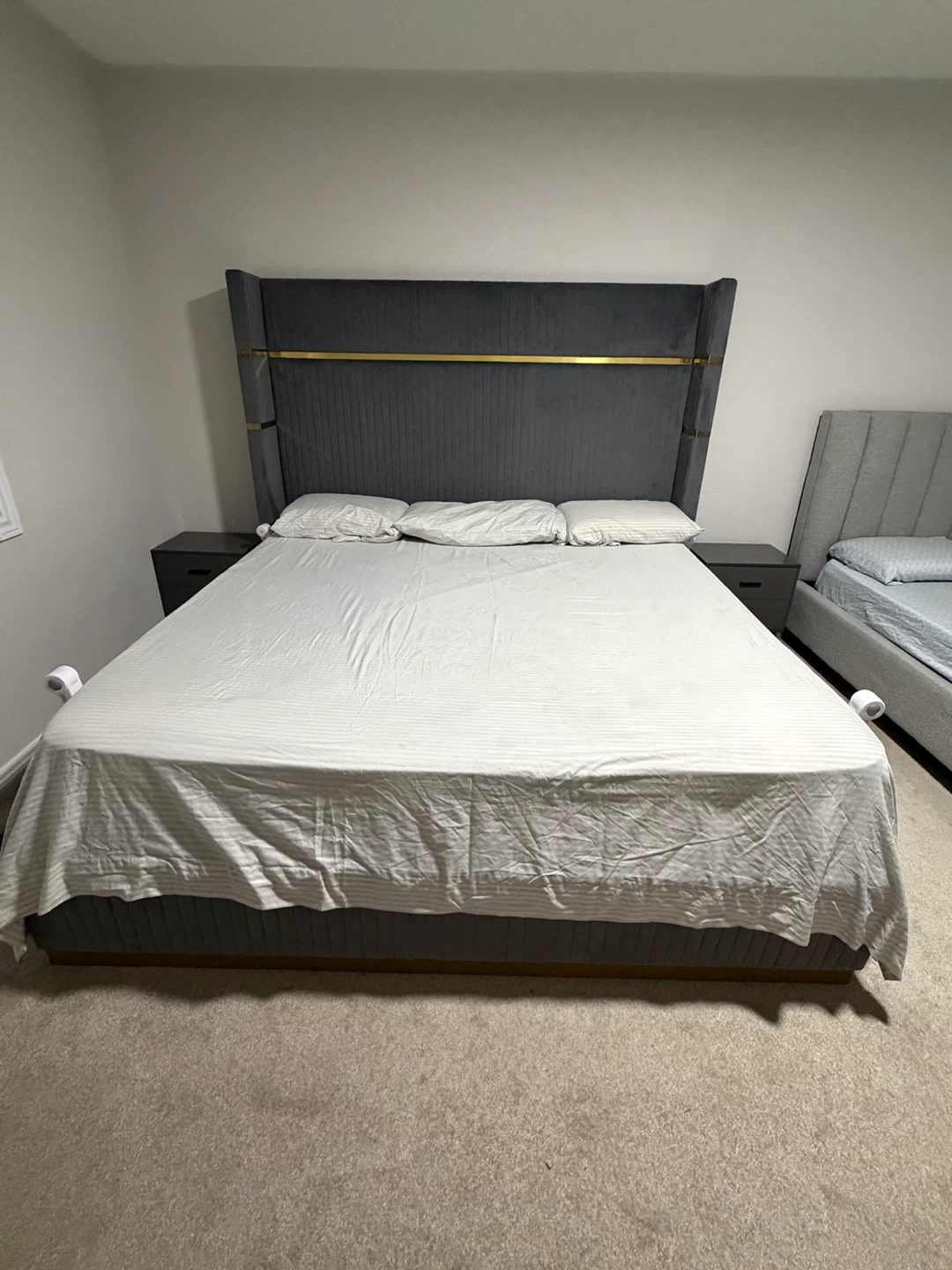 Grey King-Size Bed Set with Mattress & Side Tables for Sale