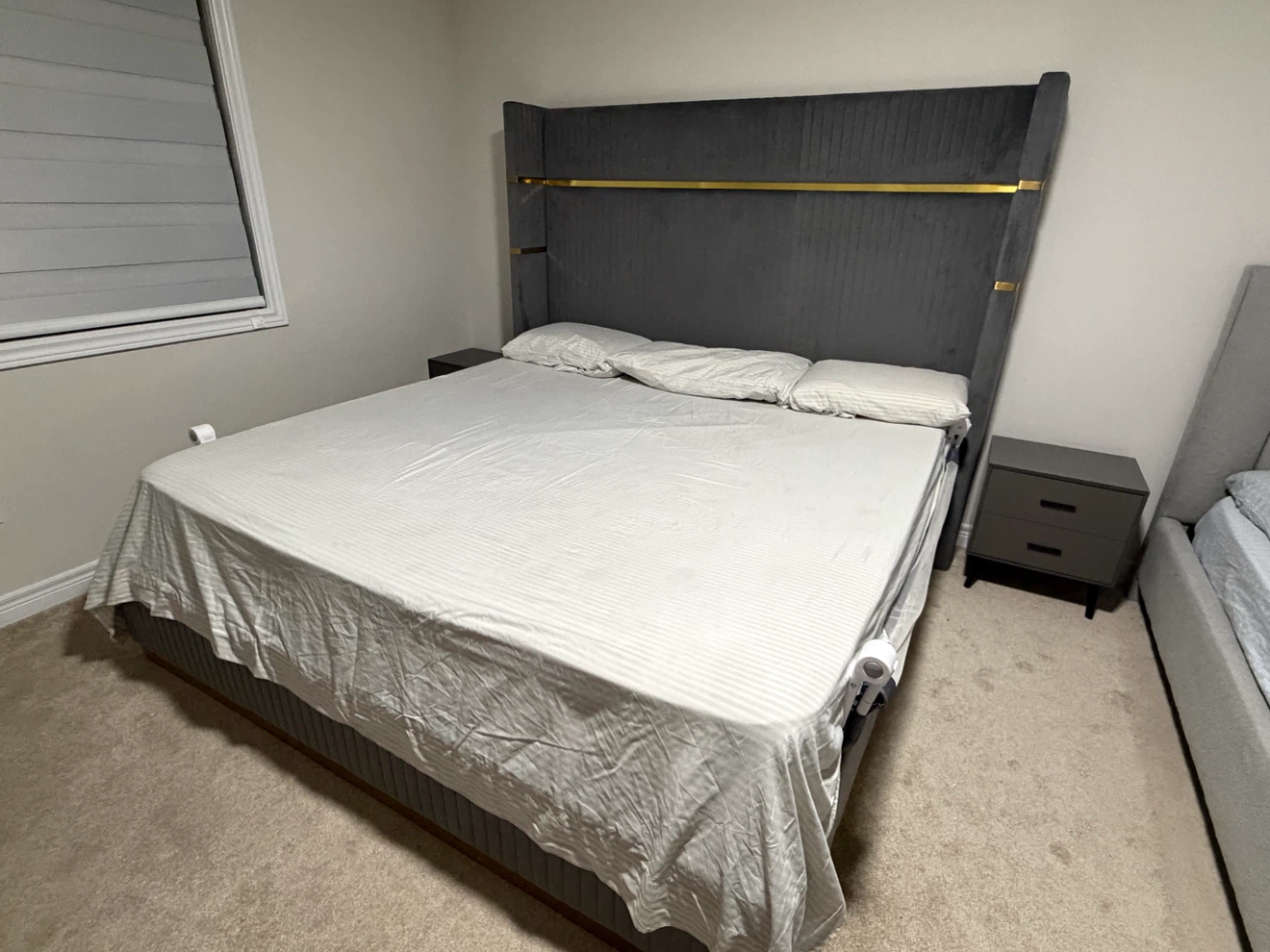 Grey King-Size Bed Set with Mattress & Side Tables for Sale - photo 2