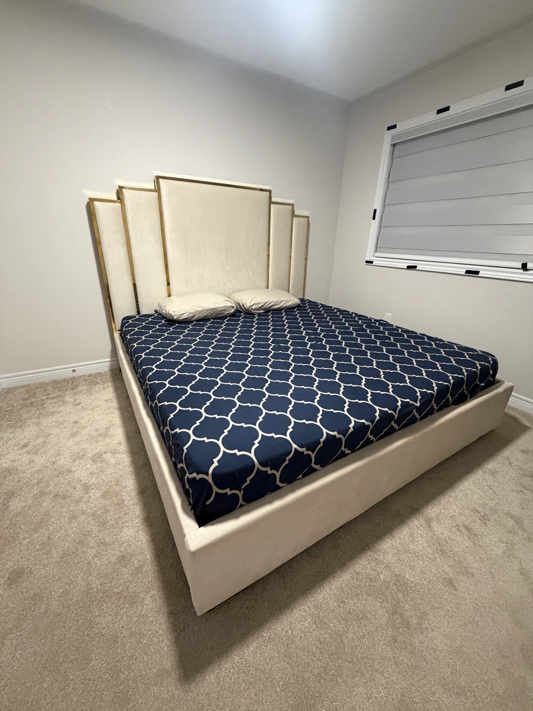 King-Size cream Bed with Mattress – Heavy-Duty & Solid Bed Frame
