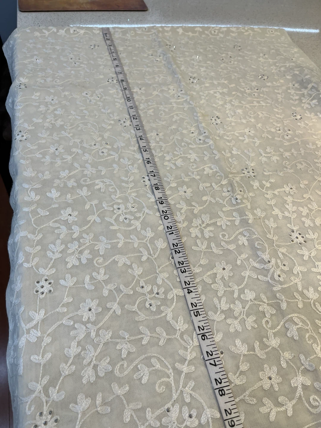 White Embroidered Floral Fabric with Sequin Detail - photo 3