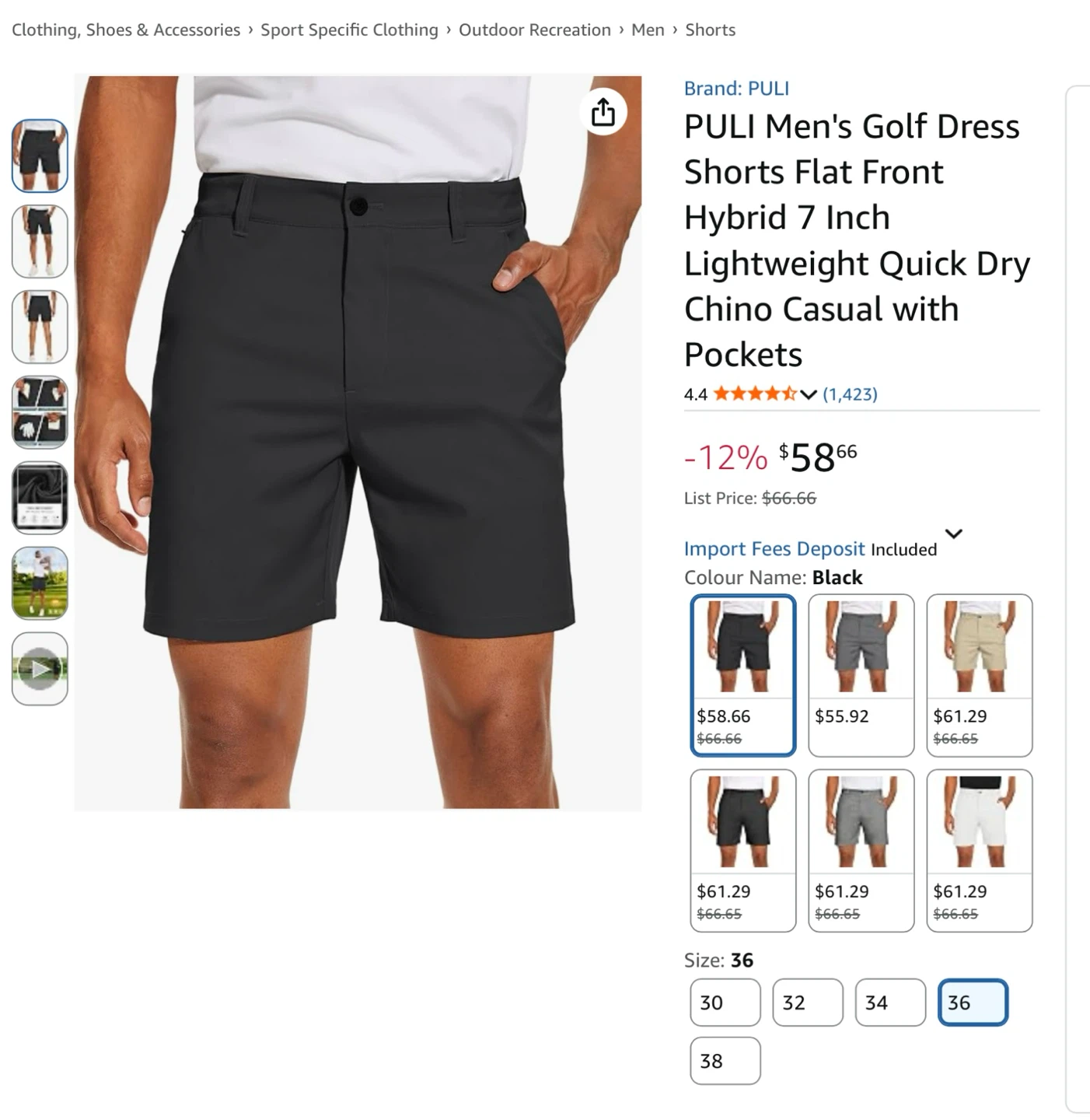 New Men's Golf Shorts - Black - Size 36