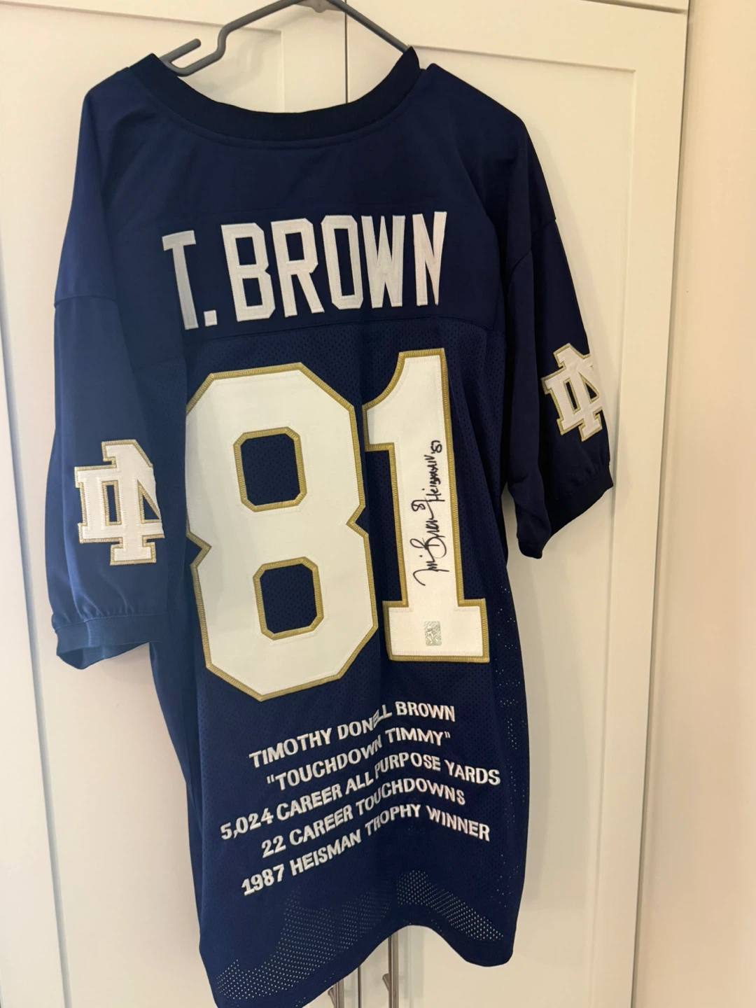 Tim Brown Signed Notre Dame Fighting Irish Career Stat Jersey