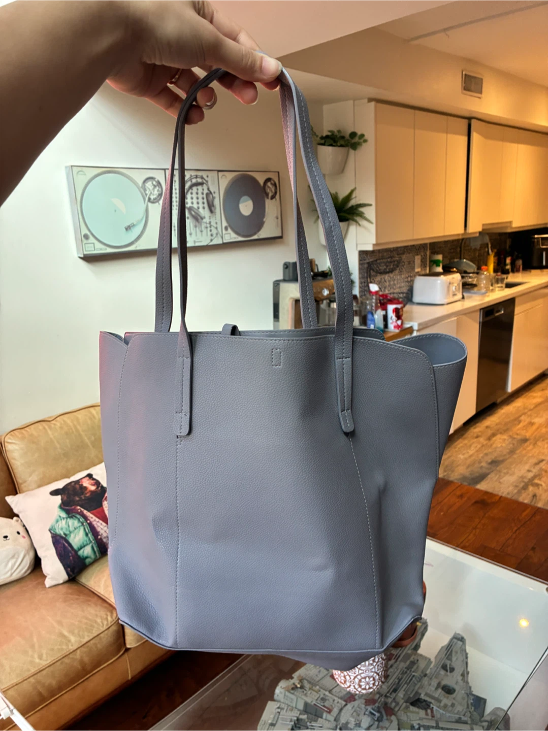 Grey Faux Leather Tote Bag