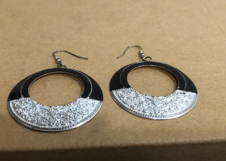 Black and silver patterned hoop earrings