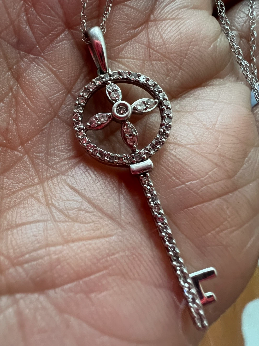 10K White Gold Diamond Key Pendant Necklace