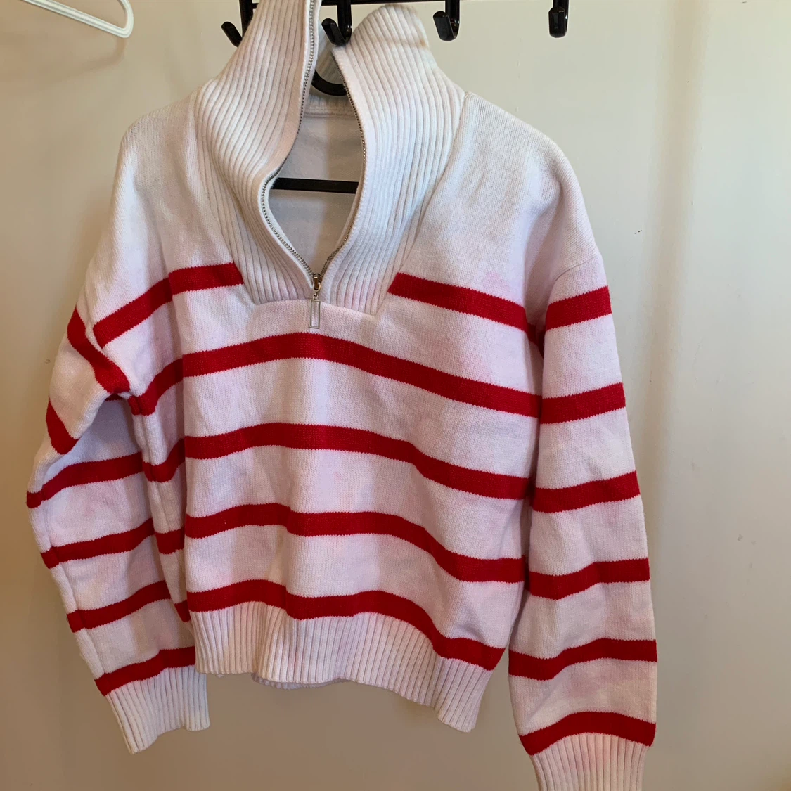 Red and White Striped Quarter-Zip Sweater