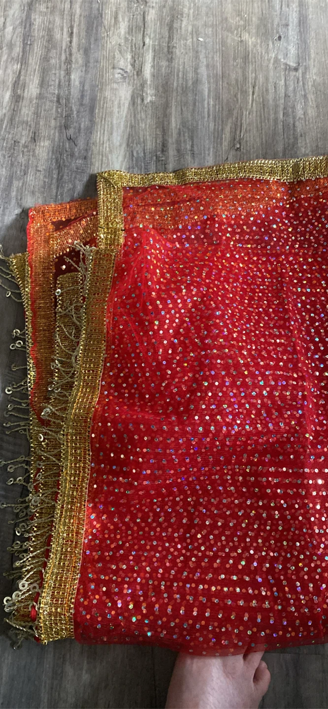 Red Net Dupatta with Gold Sequins 66 x 42 in