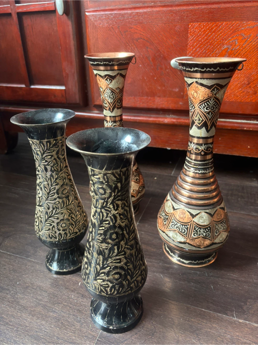 Set of 4 Hand-Etched Metal Vases