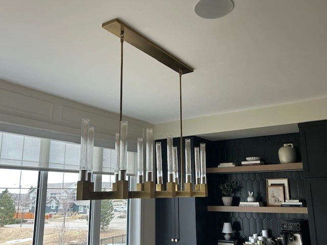 Modern Linear Brass and Glass Chandelier