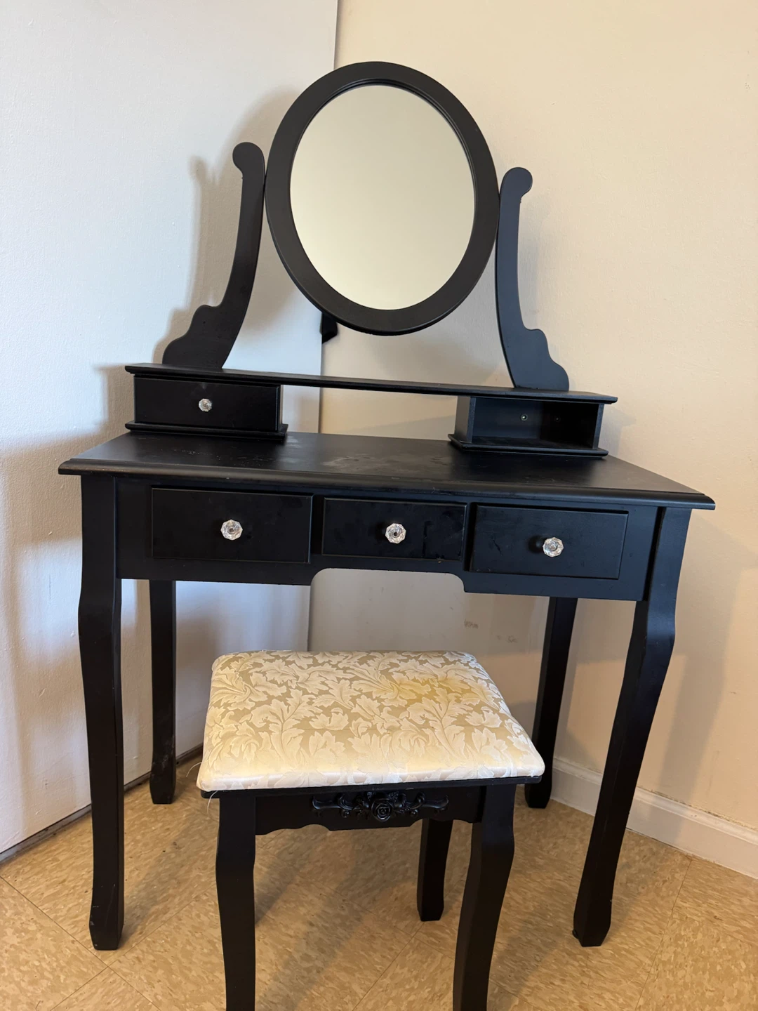 Black Vanity Table with Mirror and Stool