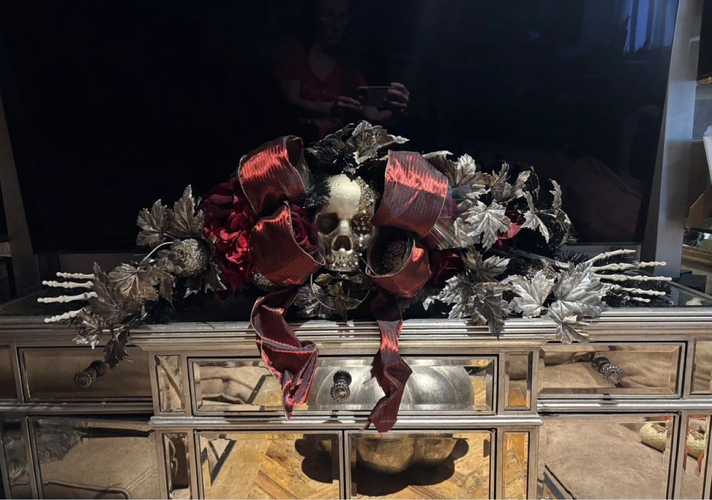 Halloween Skull and Ribbon Table Centrepiece