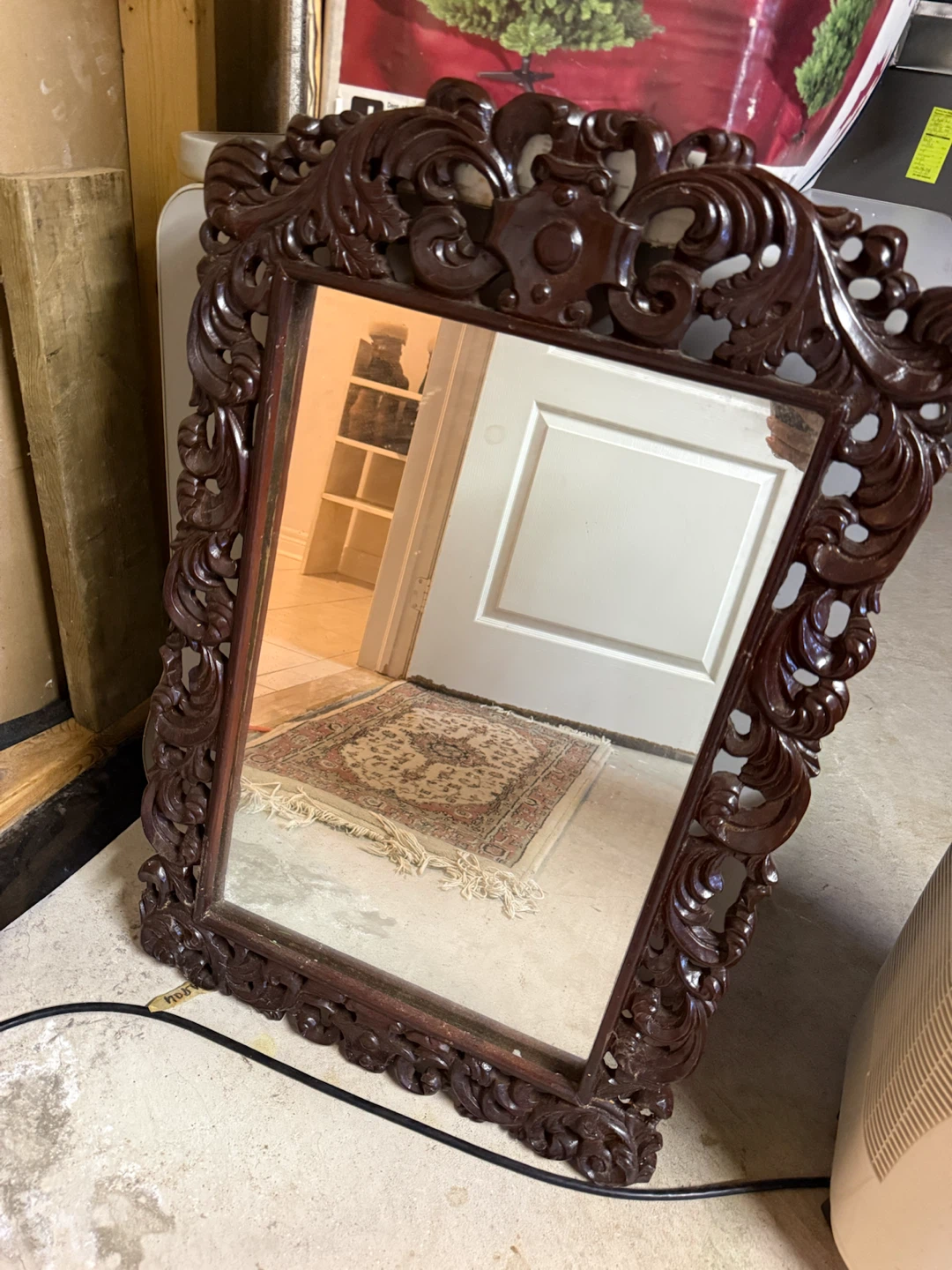 Ornate Dark Brown Wood Wall Mirror