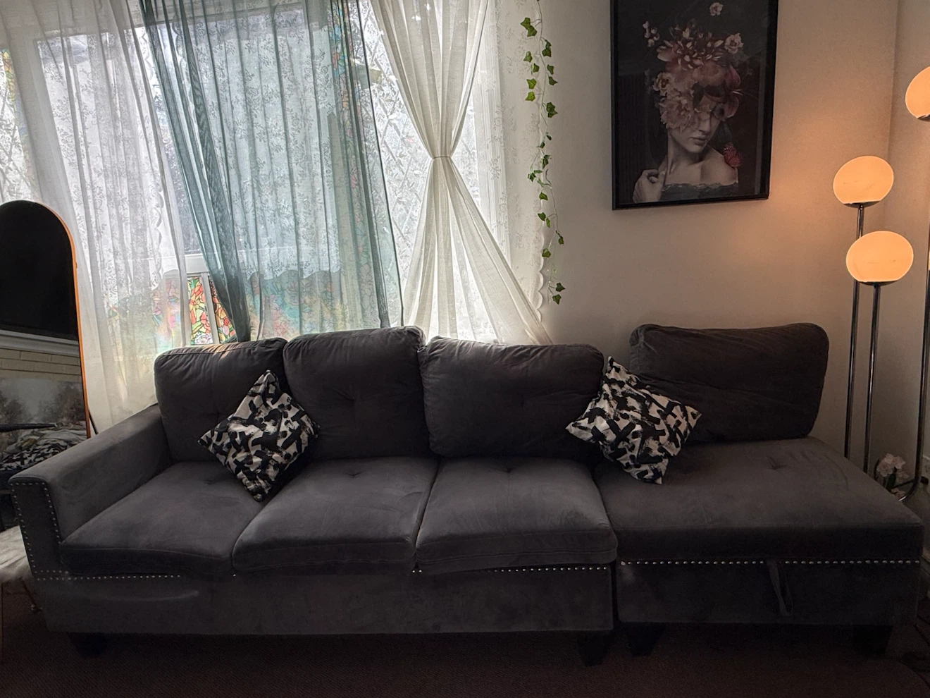 Grey Velvet Sectional Sofa with Storage