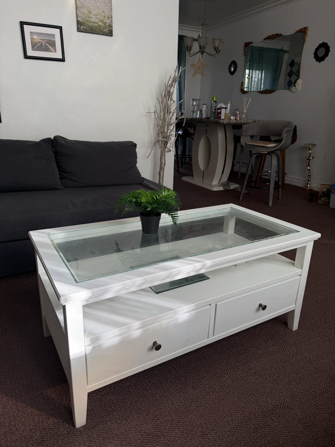 White Coffee Table with Glass Top and Storage Drawers