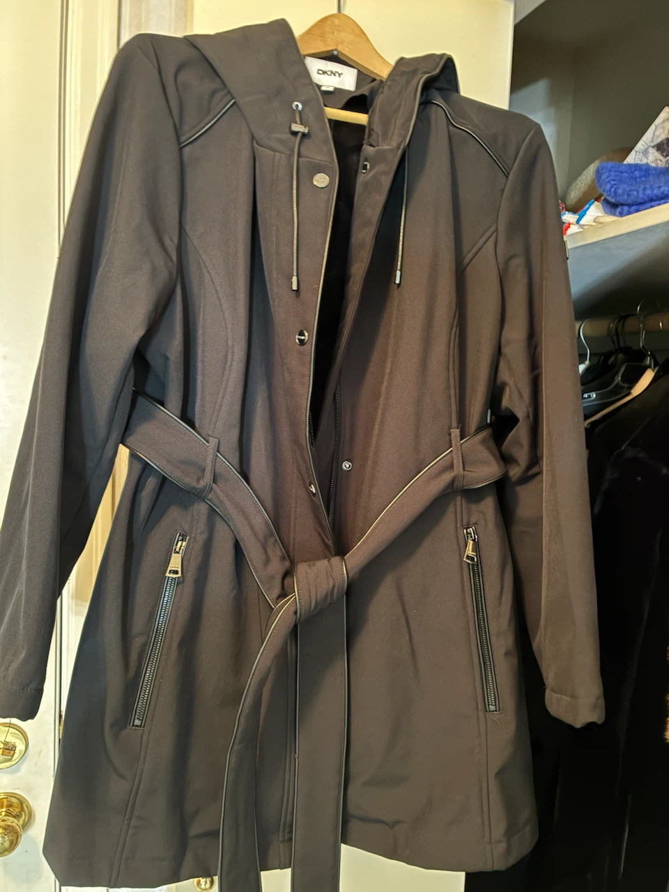 DKNY Black Hooded Trench Coat
