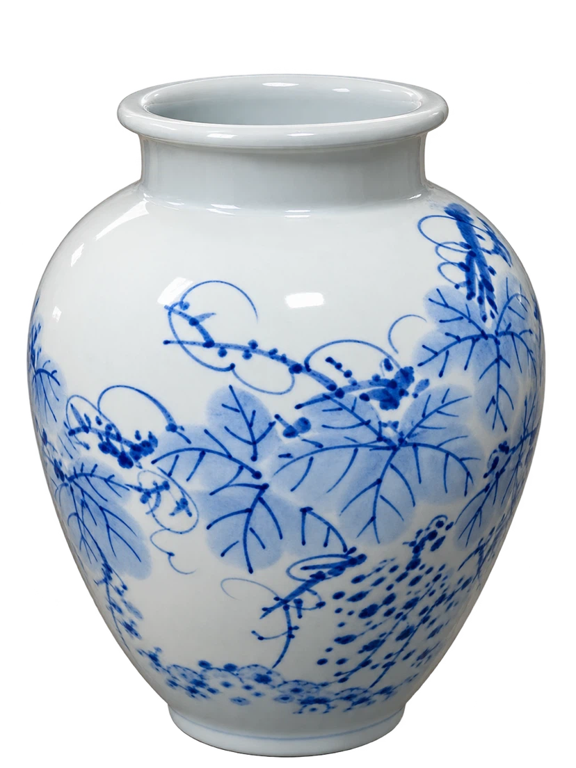 White ceramic vase with blue floral pattern