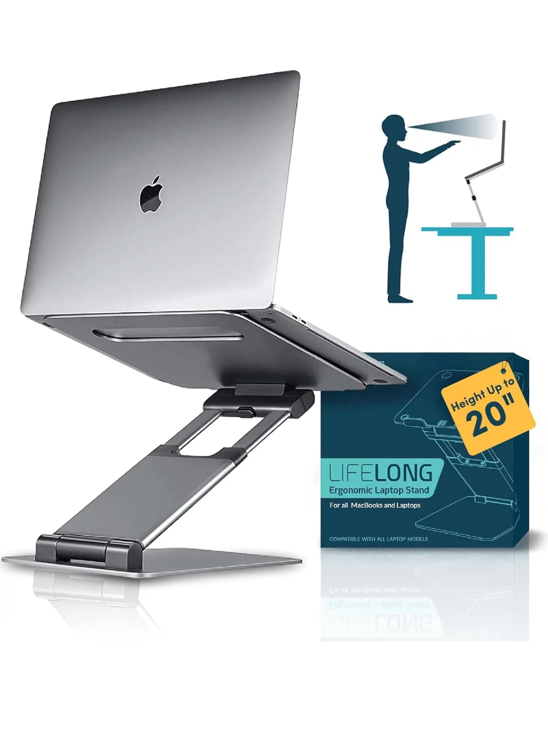 Ergonomic Laptop Stand for Desk, Adjustable Height Up to 20"