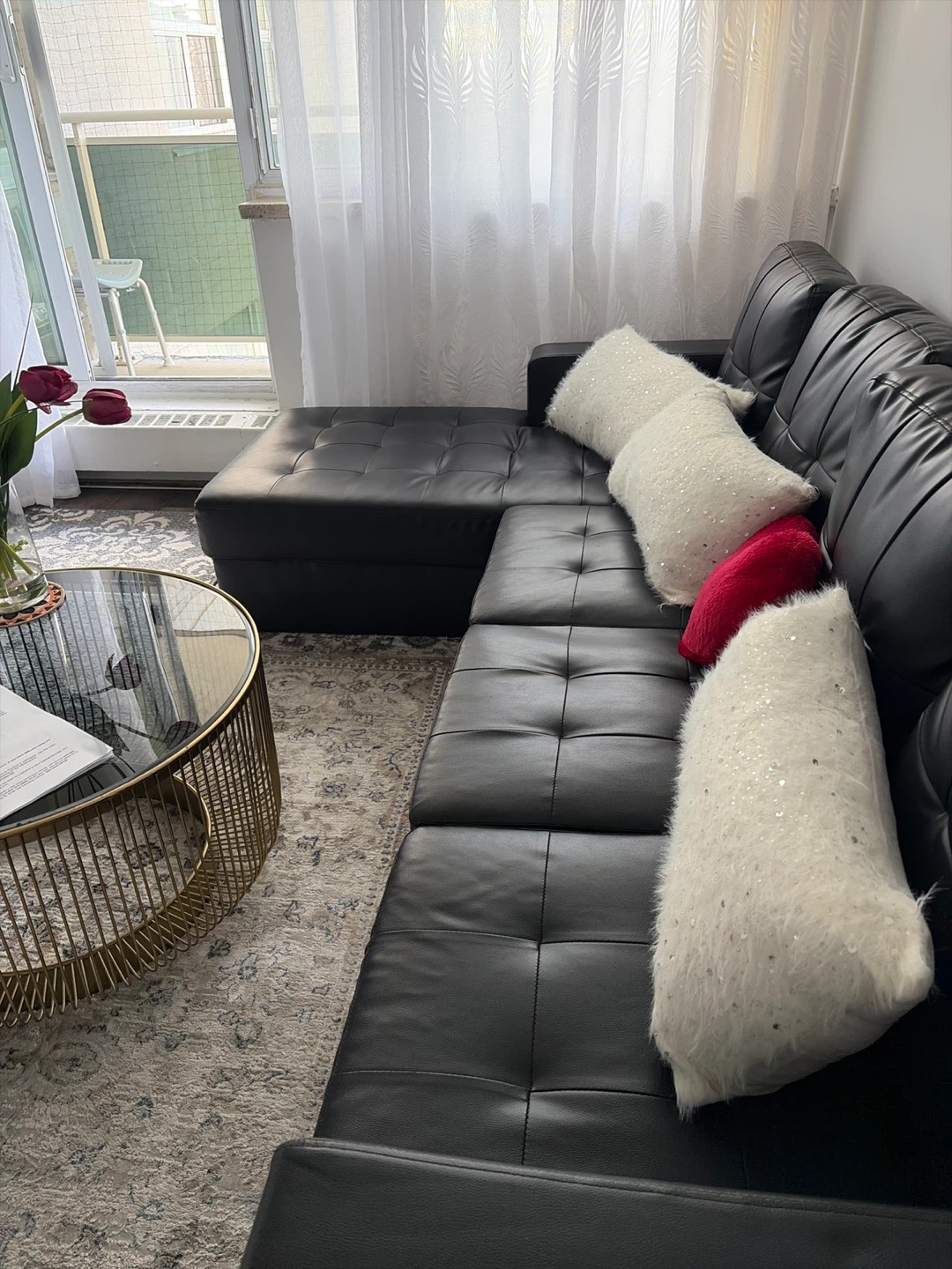 Black Faux Leather Sectional Sofa with Chaise