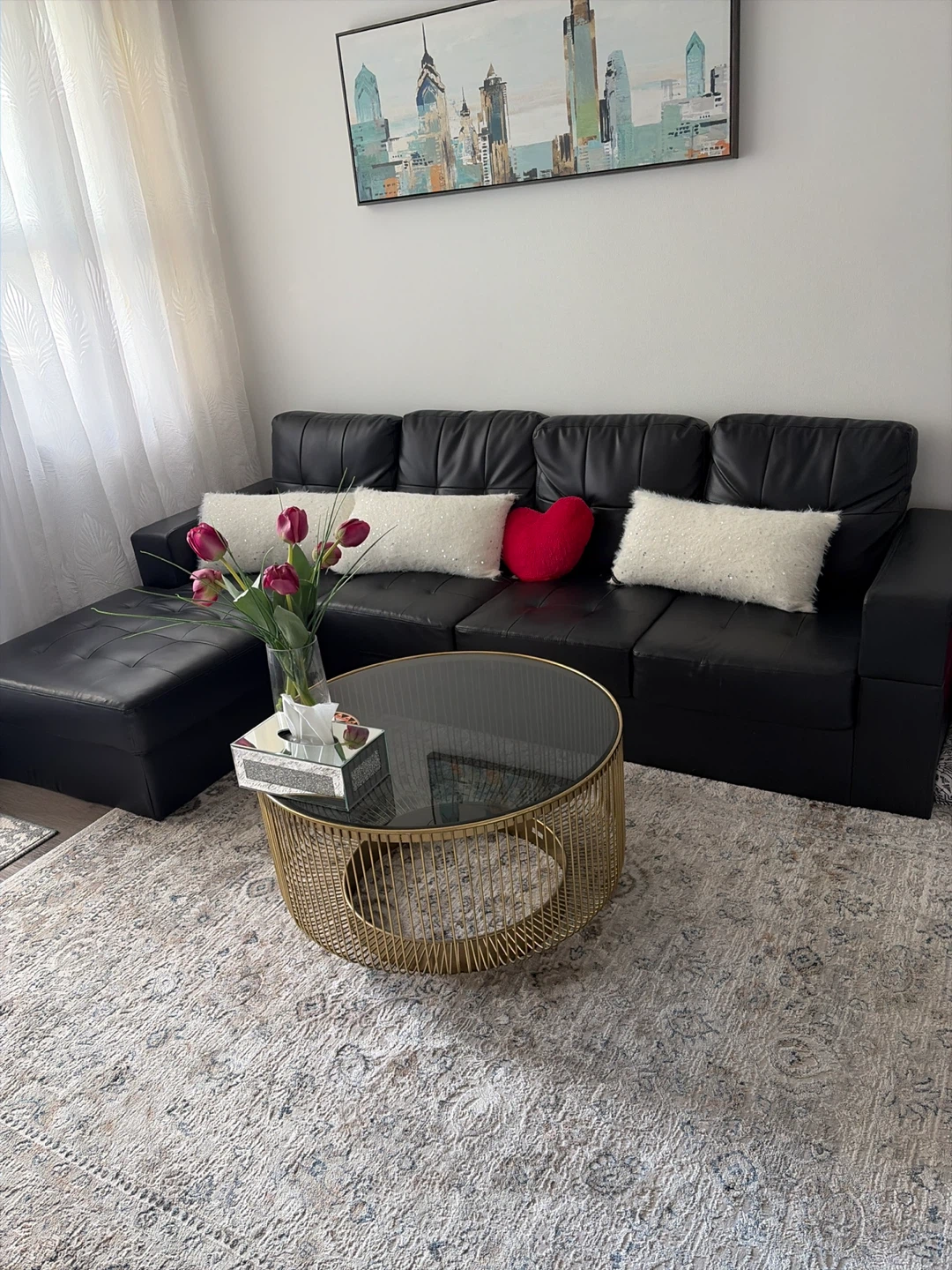 Black Faux Leather Sectional Sofa with Chaise - photo 2