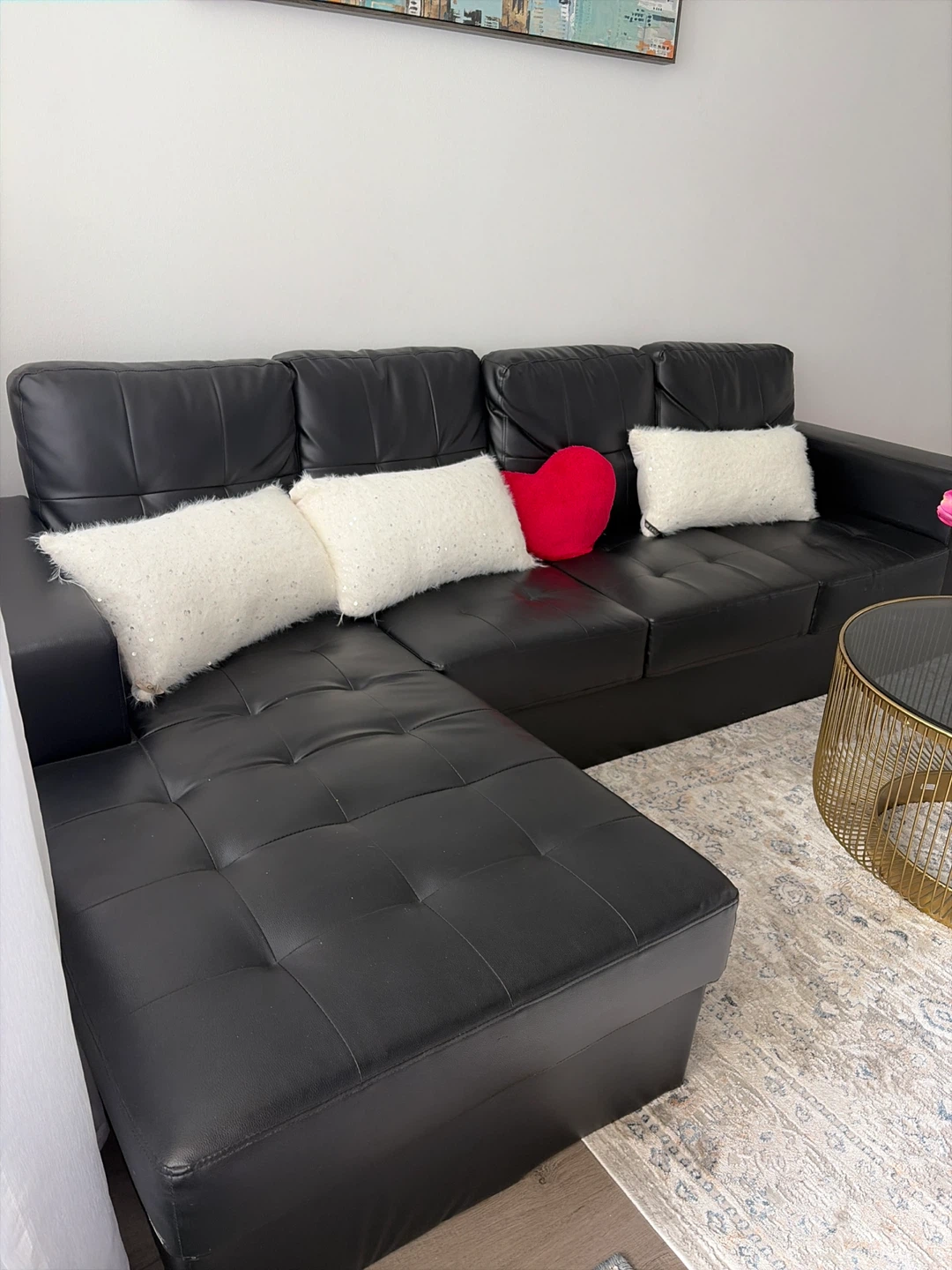 Black Faux Leather Sectional Sofa with Chaise - photo 3