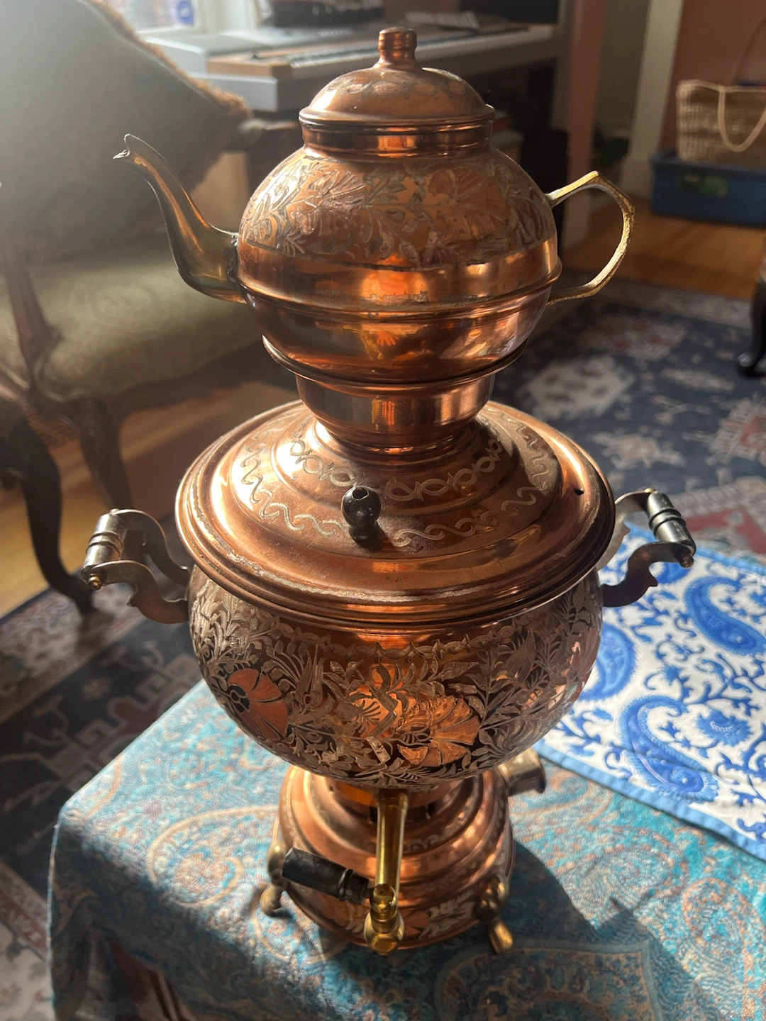 Vintage Hand-Engraved Copper Samovar