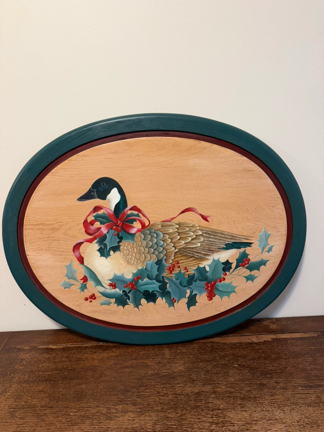 Vintage Hand-Painted Christmas Goose Wooden Plaque
