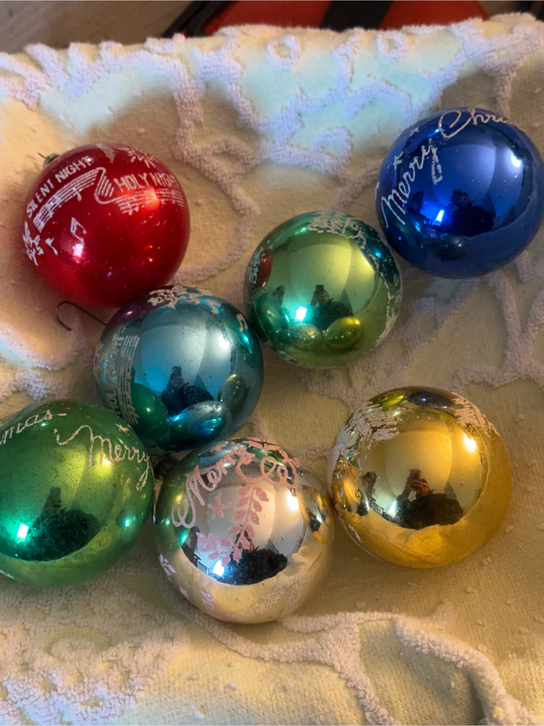 7 Vintage Shiny Brite Glass Stencil Ornaments Lot