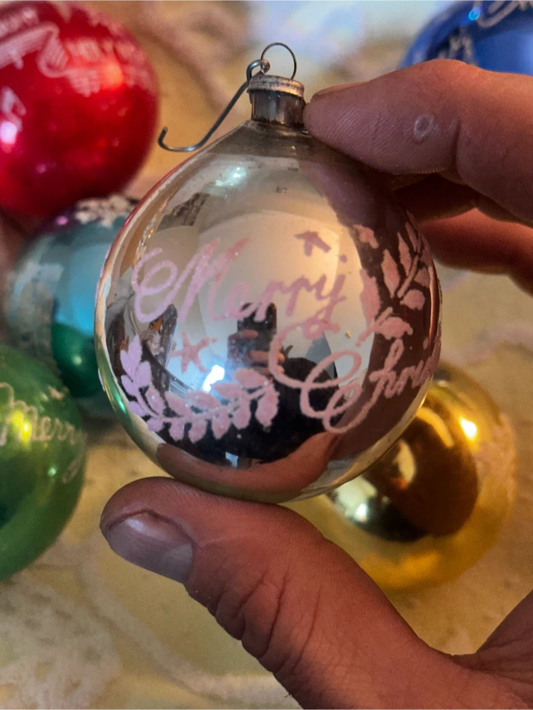 7 Vintage Shiny Brite Glass Stencil Ornaments Lot - photo 3