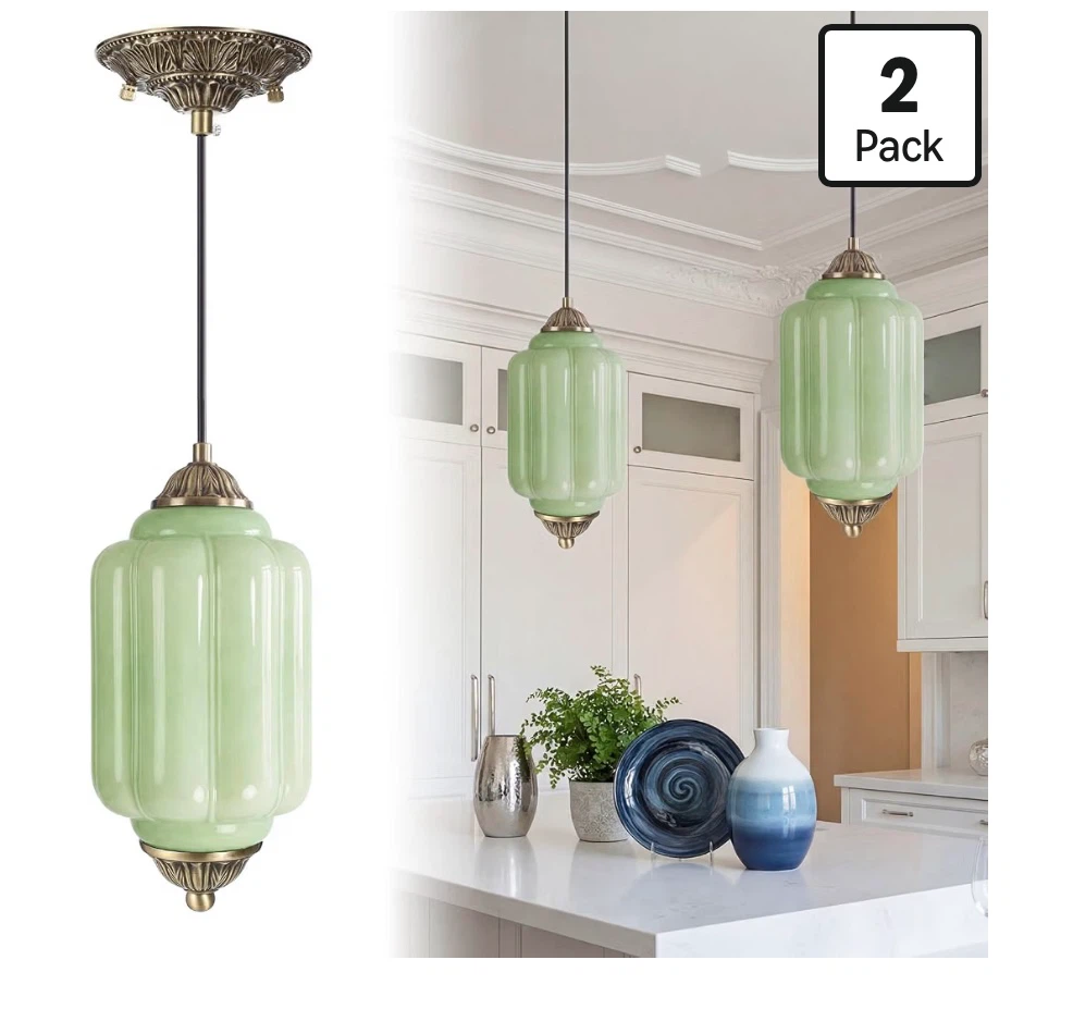 Set of 2 Jade Green Hand Blown Glass Pendant Lights