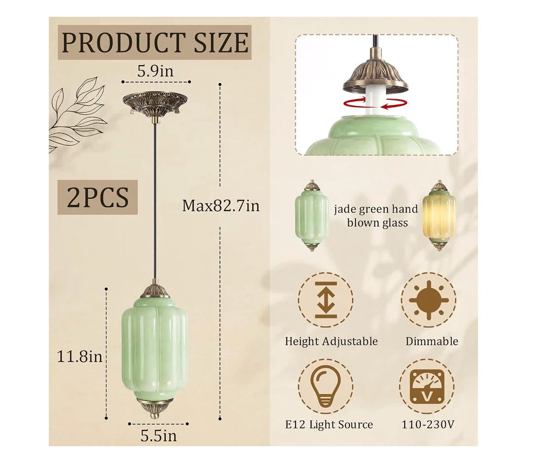 Set of 2 Jade Green Hand Blown Glass Pendant Lights - photo 2