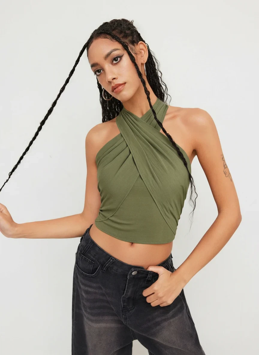 Cider Green Ribbed Criss-Cross Crop Top