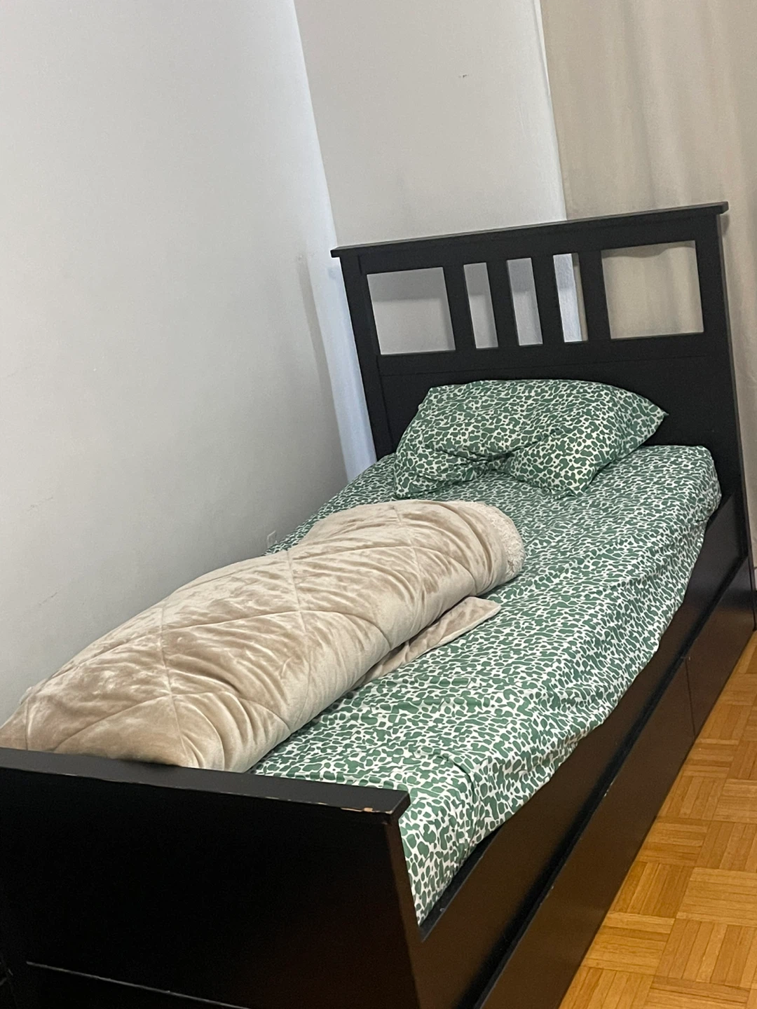 Black single bed frame with storage