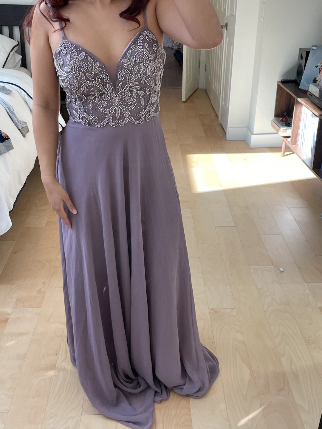 Lavender embellished formal floor-length dress