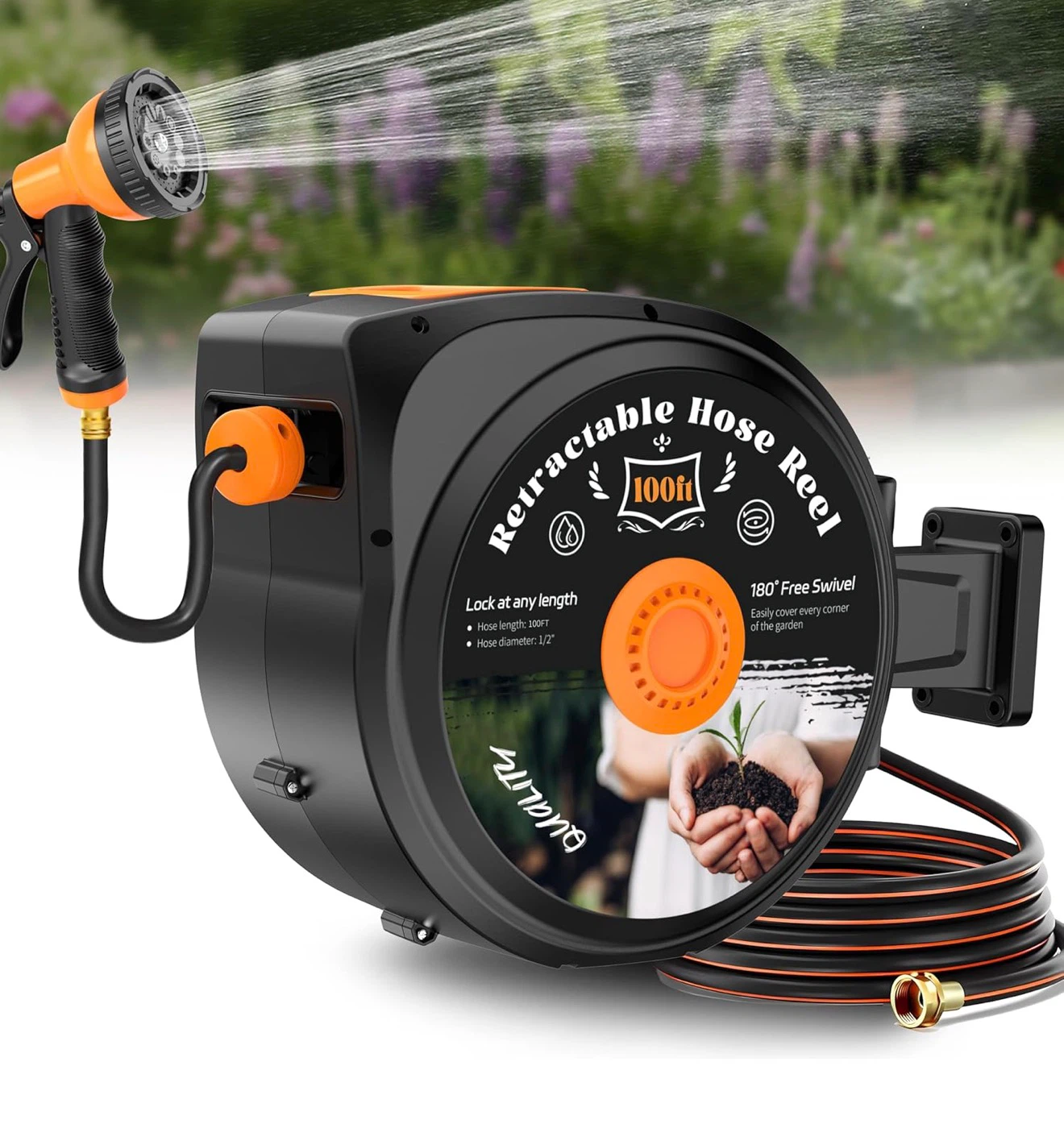 Retractable Garden Hose Reel, 1/2 in x 100 ft Wall Mounted