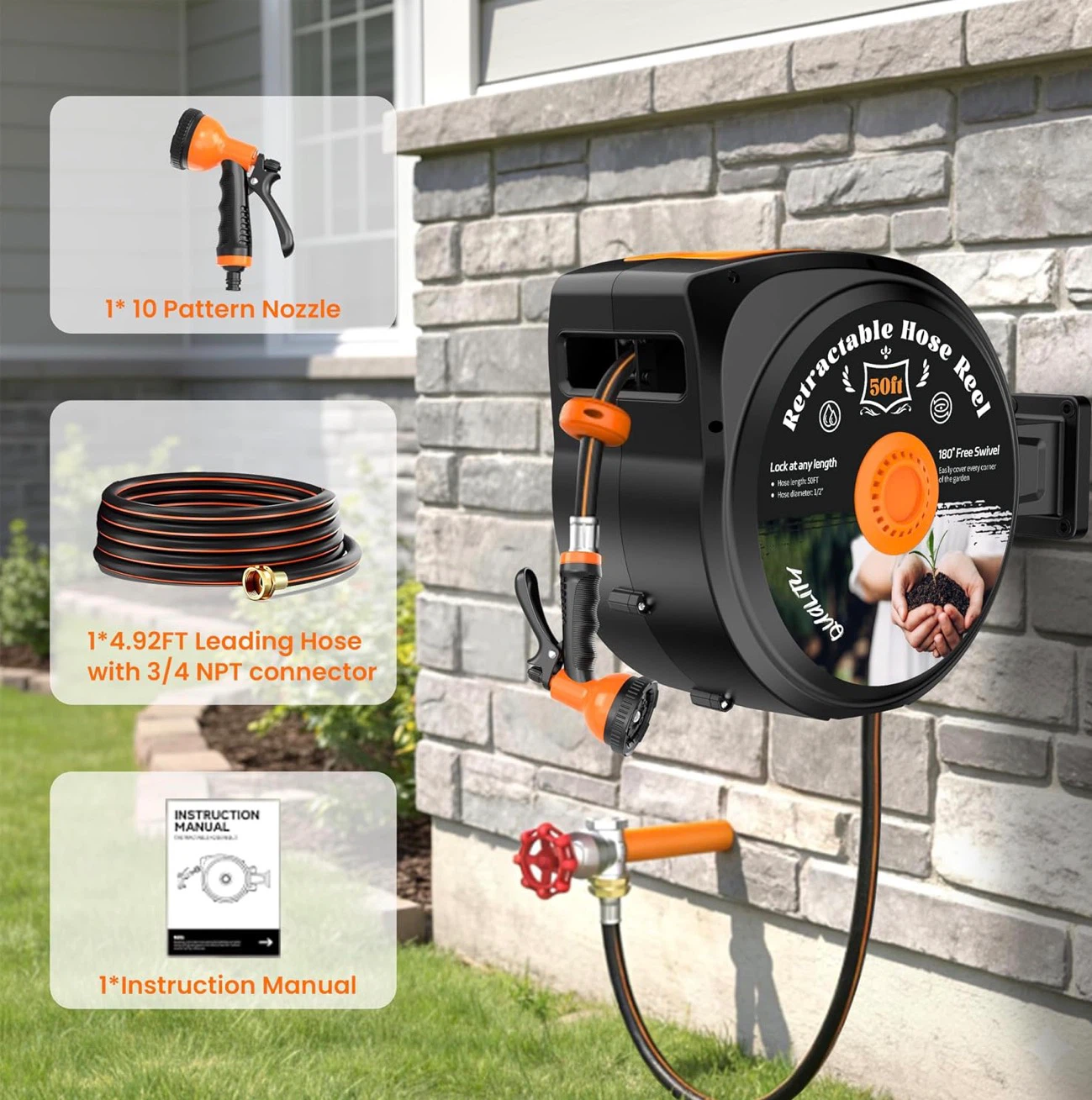 Retractable Garden Hose Reel, 1/2 in x 100 ft Wall Mounted - photo 2